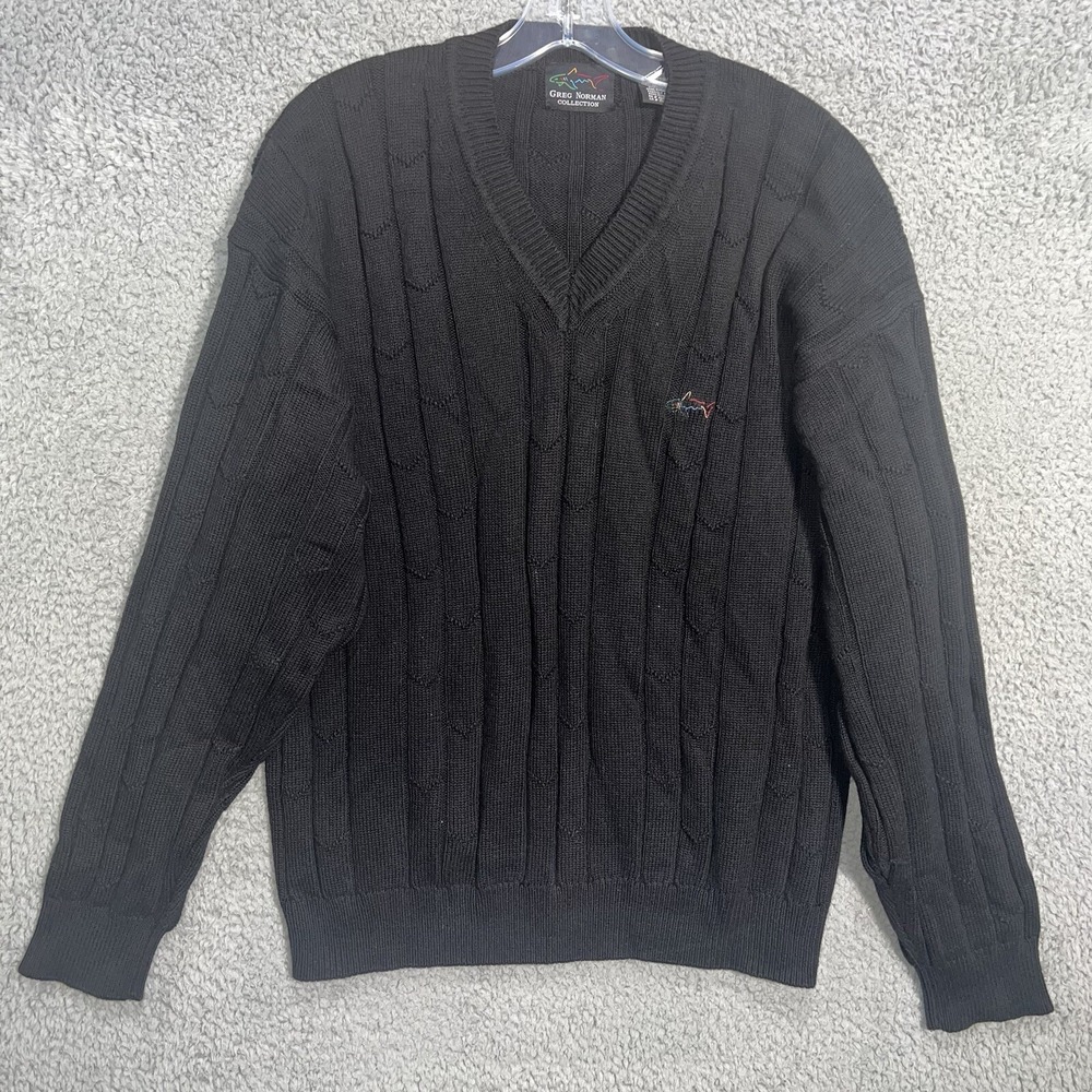 VTG Greg Norman Collection Sweater Men Sz L Black Shark Argyle V Neck Cable Knit